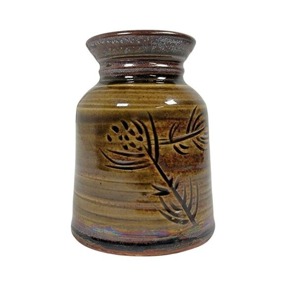Vintage 4.5 Louis Mideke Brown Studio Pottery Bud Vase Leaf Tree High Gloss MCM - Picture 1 of 7